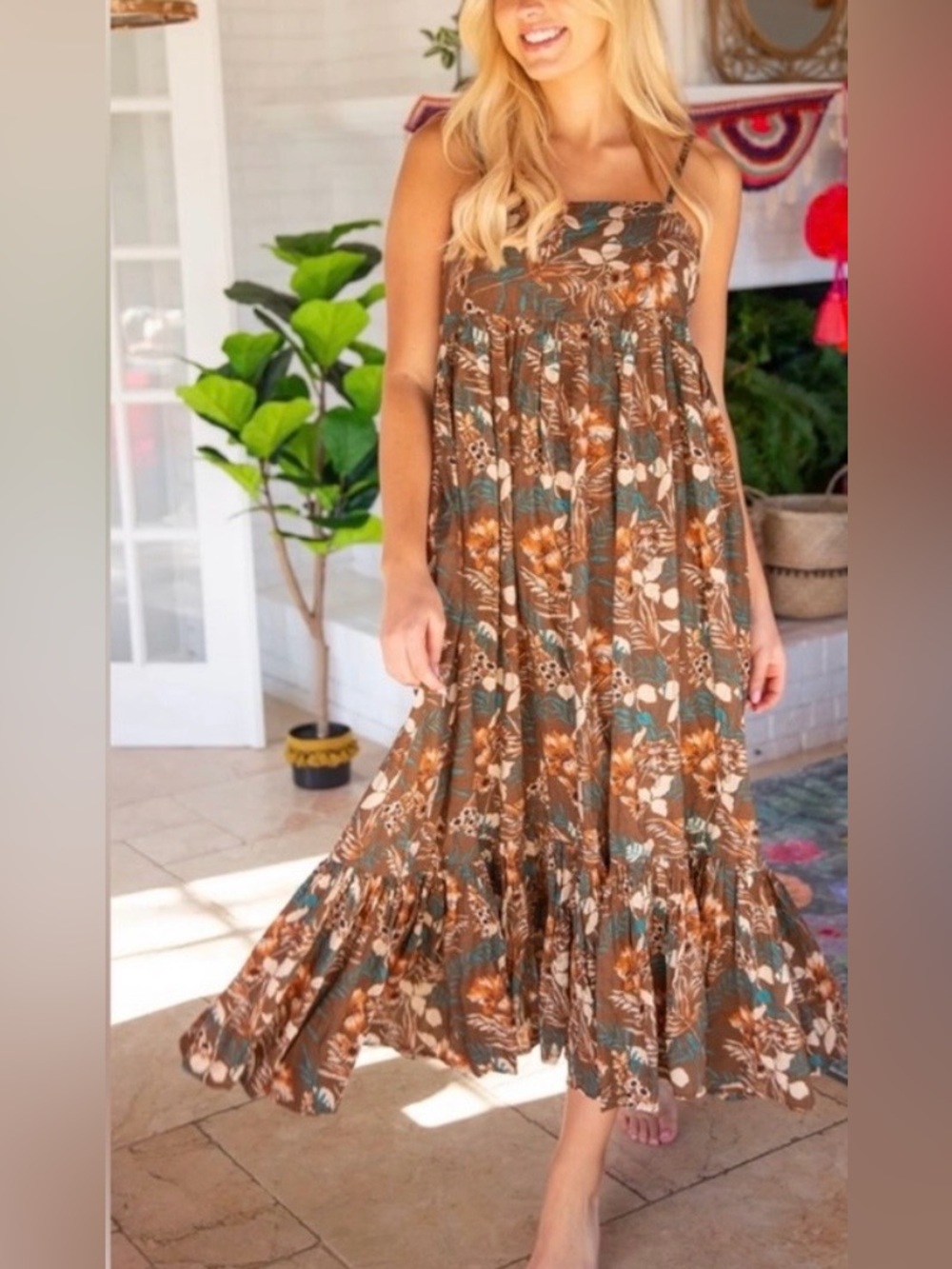 Natural Life Nina Midi Dress Espresso Floral Boho Cottagecore Size Small